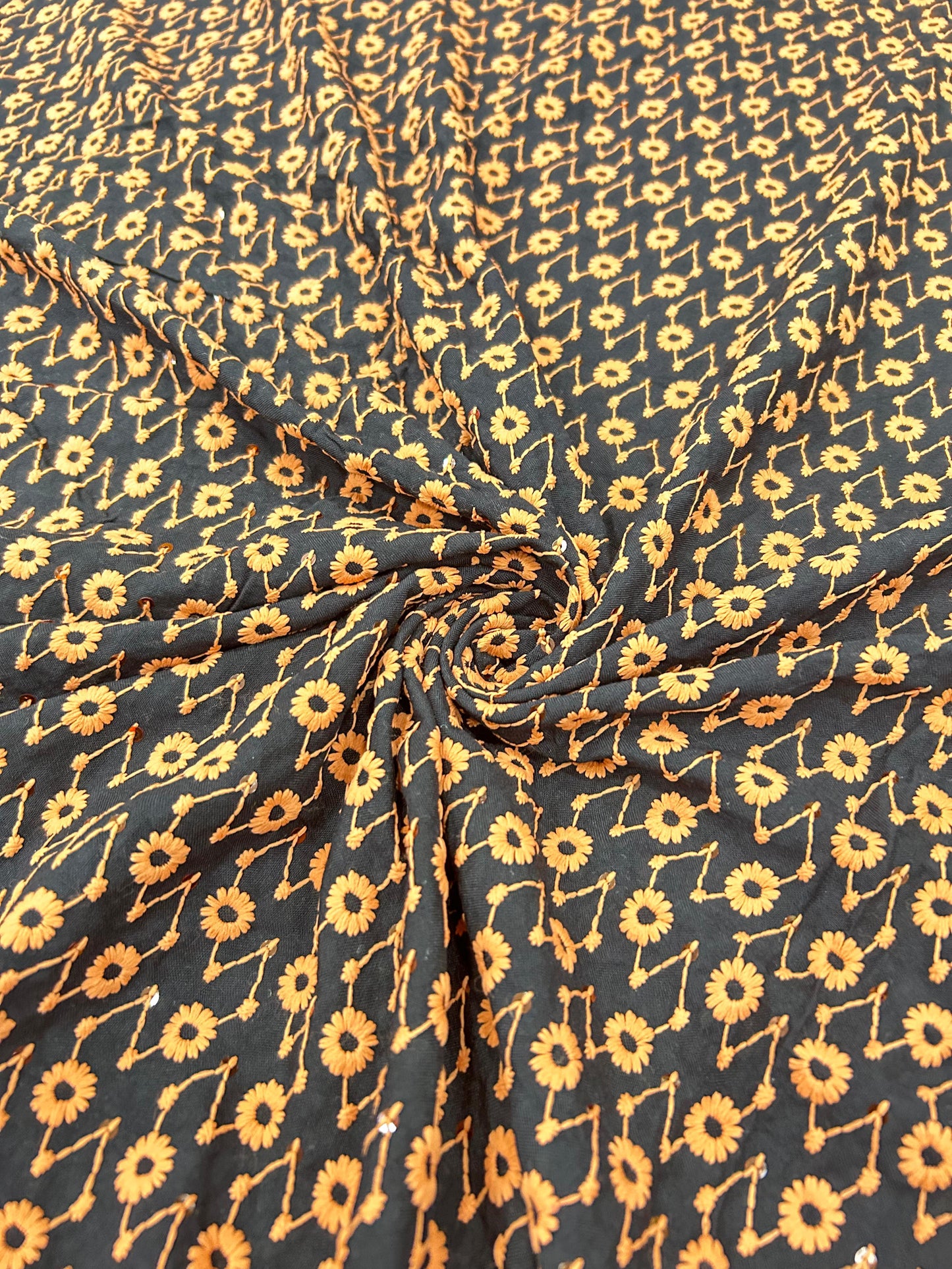 Contrast Embroidery Fabric – Black Base with Marigold Orange & Sequins