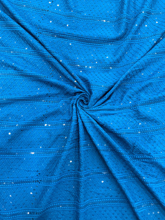 Royal blue rayon viscose embroidered kurta fabric with sequin patta design for festive menswear