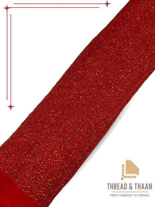 Deep red glitter georgette fabric for ethnic and western designer clothing