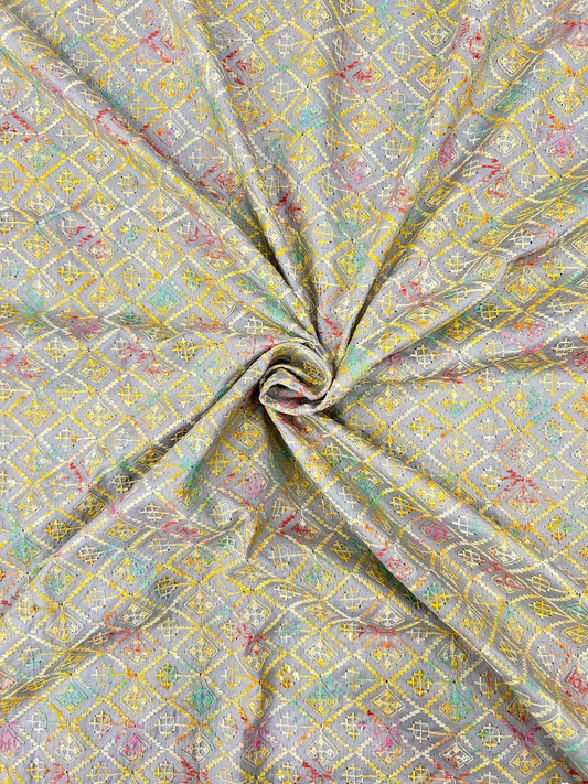 Pastel digital print rayon viscose kurta fabric with embroidery and sequin work for festive menswear