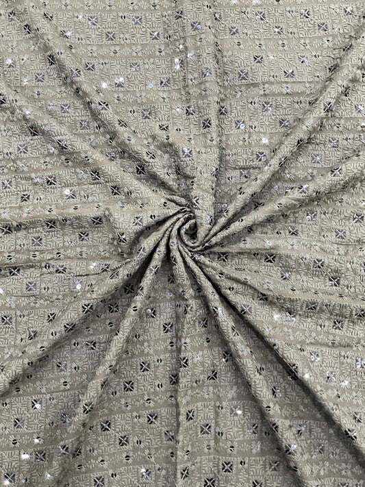 Grey rayon viscose chess design embroidered kurta fabric with sequin work for festive menswear