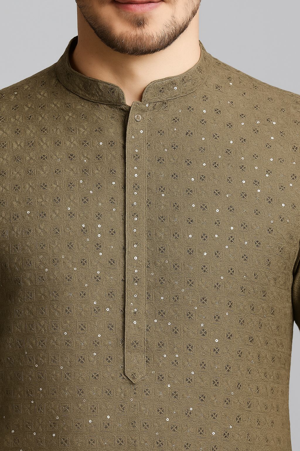 Men’s Kurta Fabric – Chess Design Embroidery on Rayon Viscose, 58” Width OLIVE