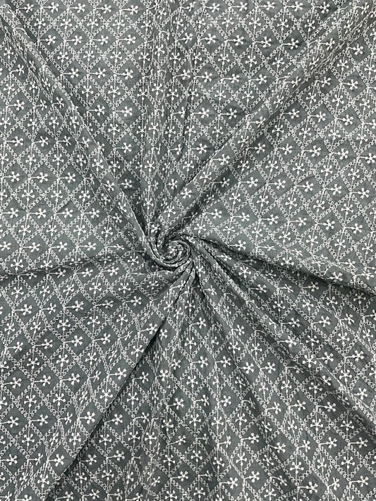 Grey pure cotton lakhnavi embroidered fabric for kurta, suit and festive wear