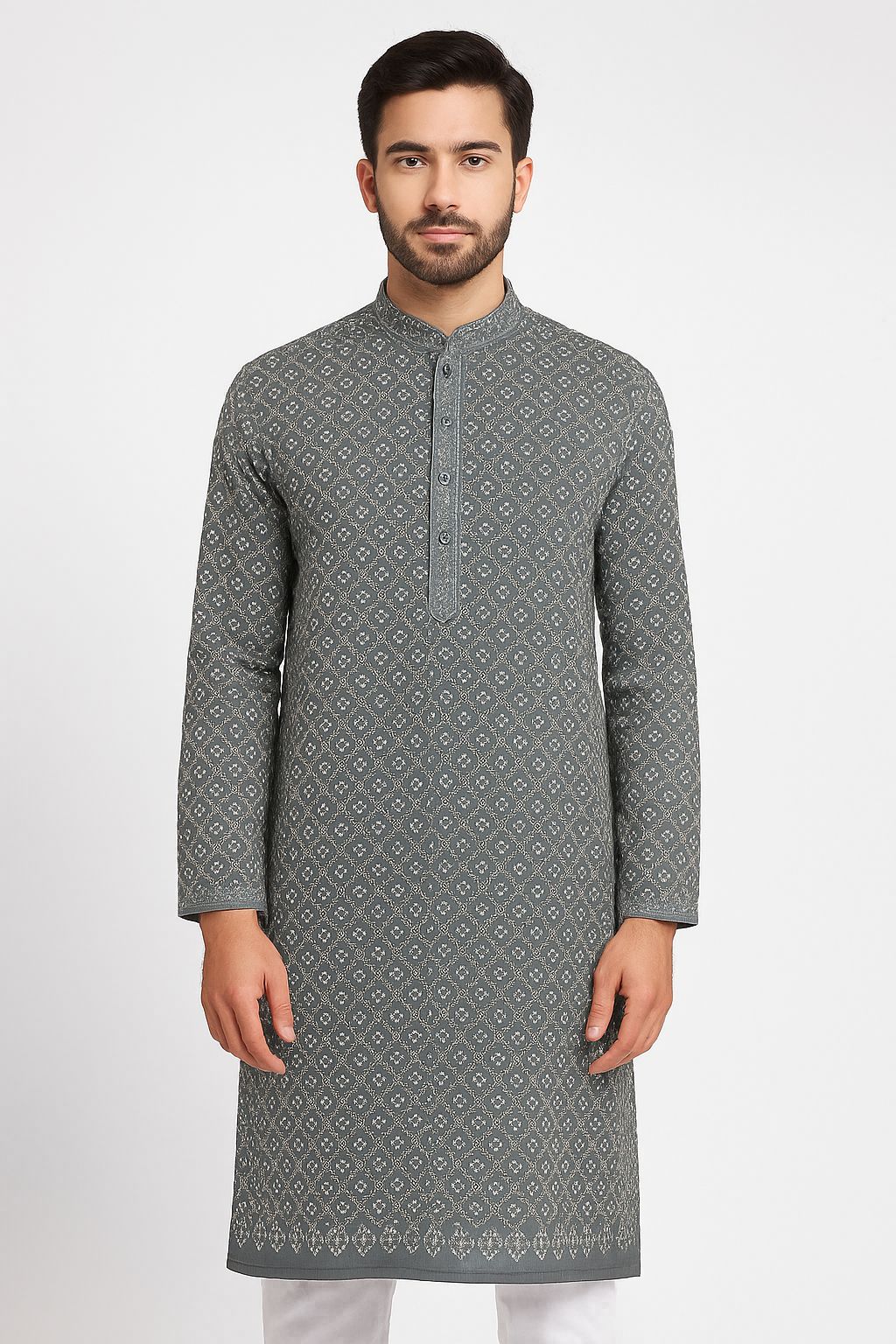Lakhnavi All Over Cotton Embroidery Fabric – Pastel Grey
