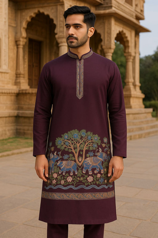 Unstitched Men’s Kurta Fabric – Embroidered Front Panel & Back (2m, S–XXL)