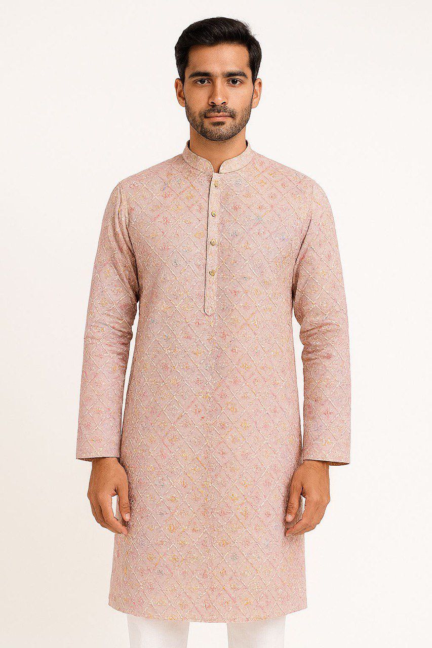 Digital Printed Embroidered Men’s Kurta Fabric – Sequin Highlighted Rayon (58” Width) Peach