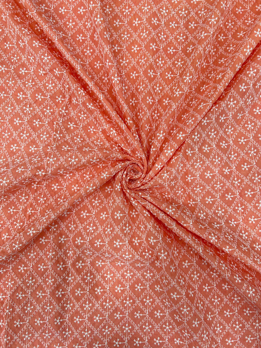 Pastel pink pure cotton lakhnavi embroidered fabric for kurta, suit and festive wear