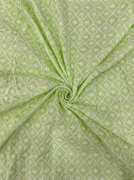Pastel green pure cotton lakhnavi embroidered fabric for kurta, suit and festive wear