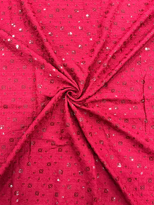 Red chess design rayon viscose embroidered kurta fabric with sequin work for festive menswear