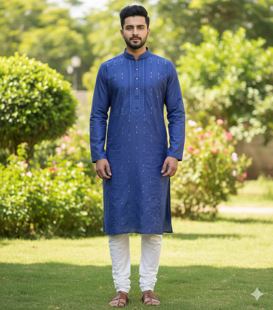 Royal blue festive wear men’s kurta material with thread embroidery and free pajama fabric.