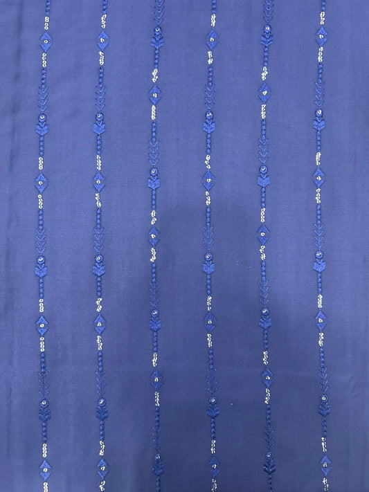 Premium royal blue silk blend kurta fabric for men with embroidery work, suitable for Eid, Diwali and party wear outfits.