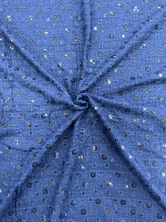 Sky blue rayon viscose chess design embroidered kurta fabric with sequin work for festive menswear