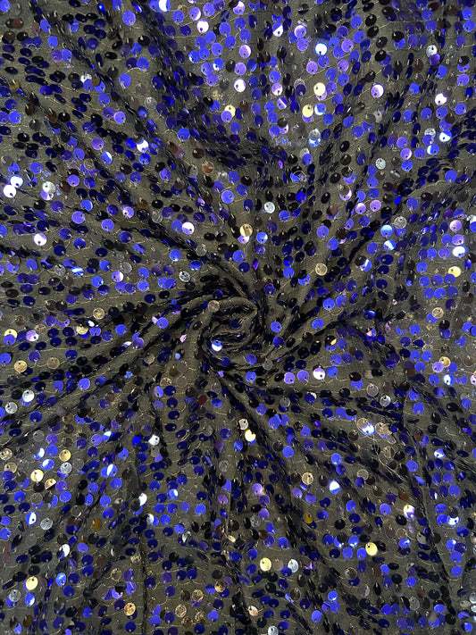 Premium midnight blue sequin tissue fabric for lehengas, gowns and blouse