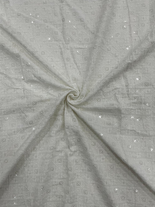 White rayon viscose chess design embroidered kurta fabric with subtle sequin work for festive menswear