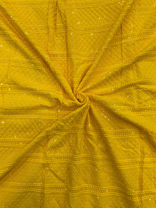 Yellow rayon viscose embroidered kurta fabric with sequin patta design for haldi function special menswear