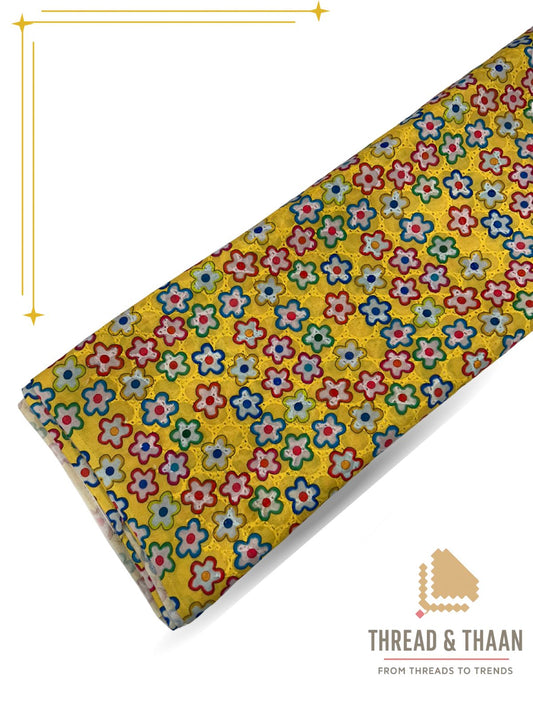 Cheerful yellow Hakoba Embroidery Floral Print Fabric (44 inches wide), great for tailoring comfortable and fashionable outfits.