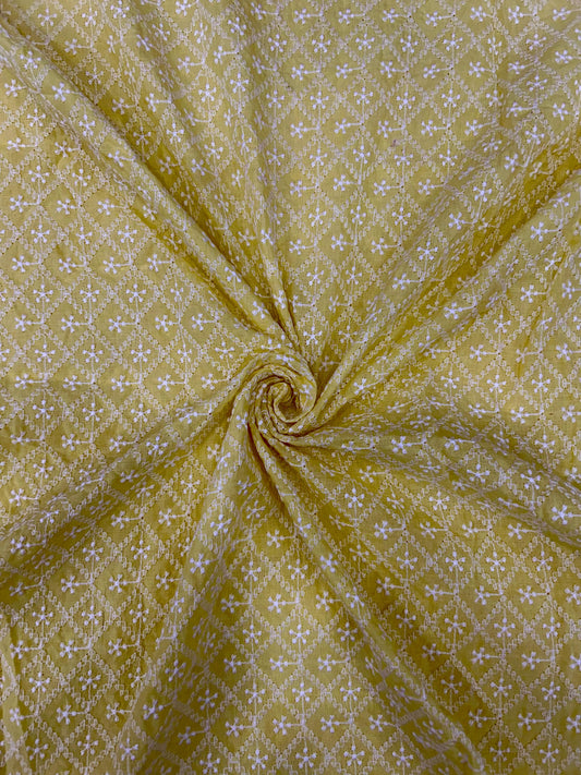 Yellow pure cotton lakhnavi embroidered fabric for kurta, suit and festive wear
