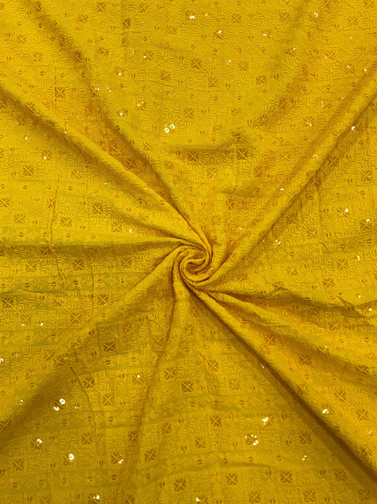 Yellow chess design rayon viscose embroidered kurta fabric with sequin work for haldi special and festive season wear