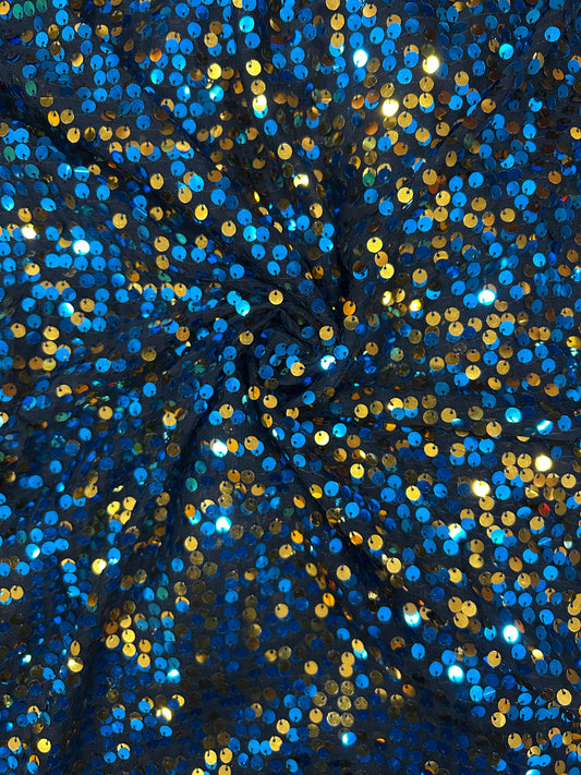 Premium navy sequin tissue fabric with sparkling gold accents for party wear