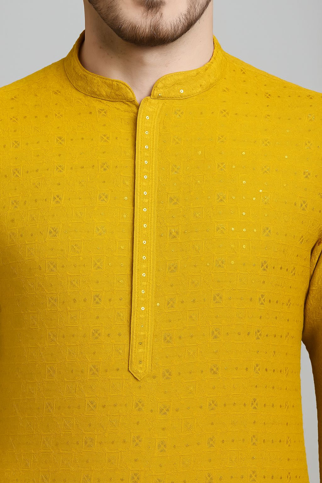 Men’s Kurta Fabric – Chess Design Embroidery on Rayon Viscose, 58” Width YELLOW
