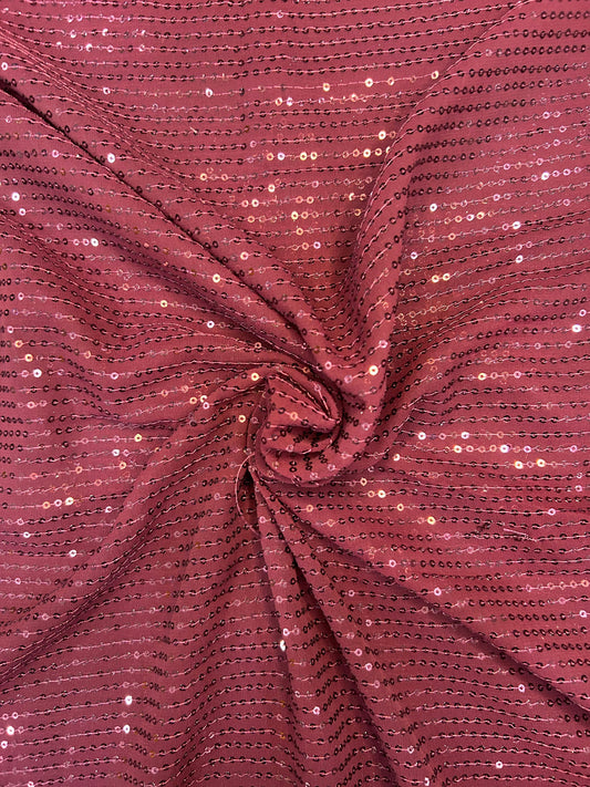 Wine Georgette Sequin Embroidery Fabric for Saree, Lehenga & Gown