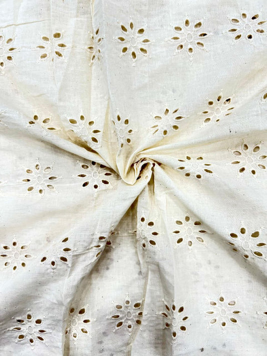 Ivory Bloom – 44” Schiffli Cotton Lace hakoba (Dyeable)