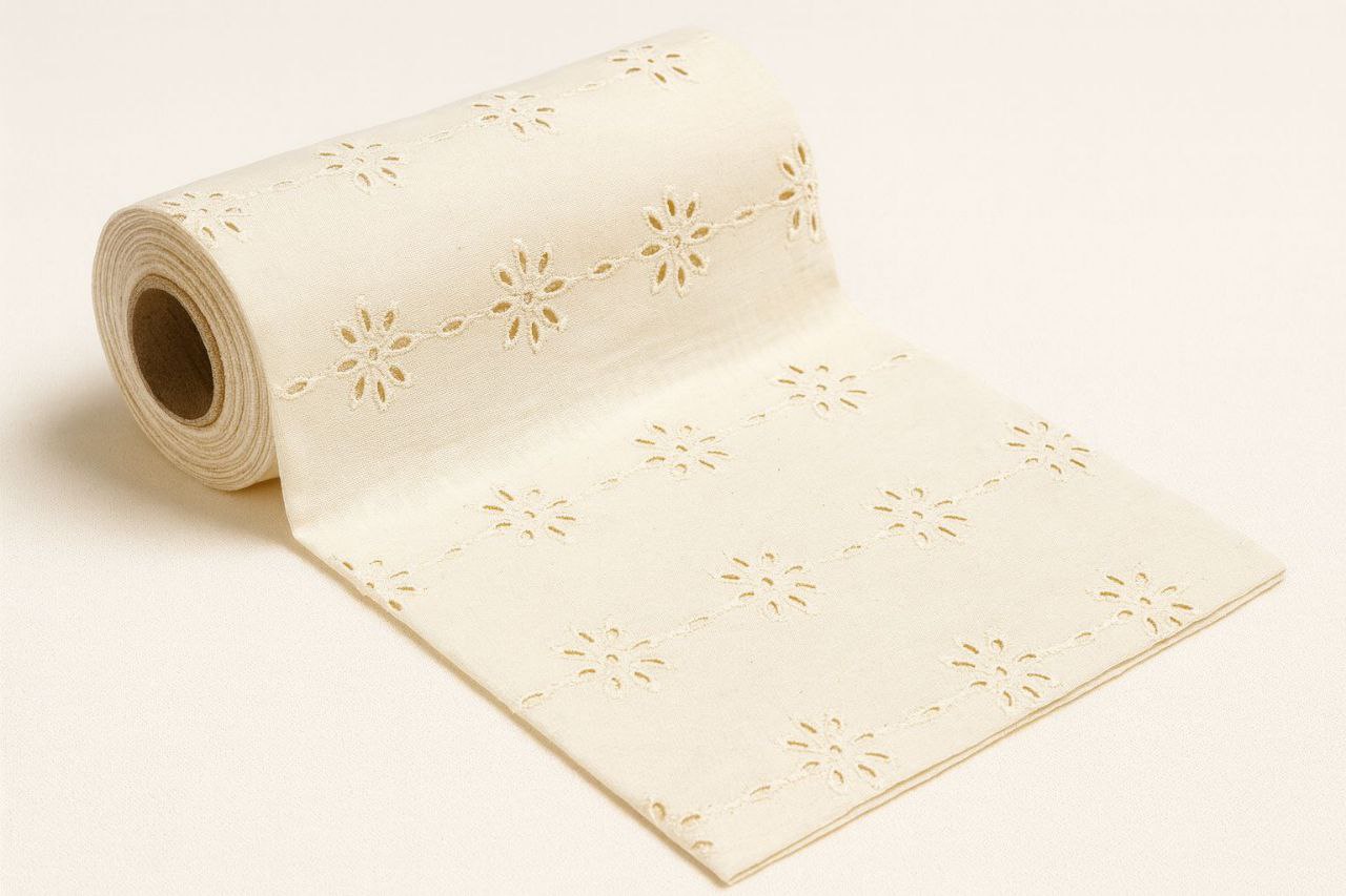 Ivory Bloom – 44” Schiffli Cotton Lace hakoba (Dyeable)