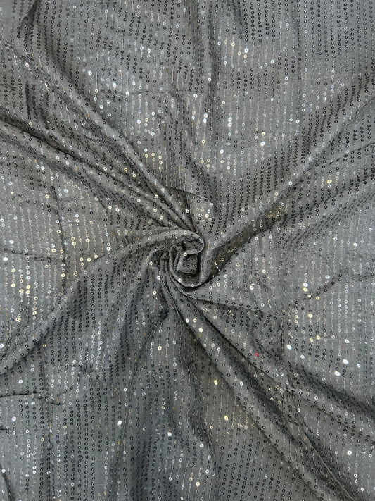 Grey -  Georgette Sequin Embroidery Fabric for Saree, Lehenga & Gown
