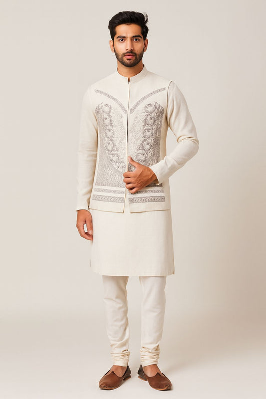 Elegant men's white (or off-white/cream) kurta koti pajama set paired with a matching embroidered jacket or waistcoat. The traditional Indian outfit features intricate silver or white thread embroidery in a floral or geometric pattern on the jacket. A male model wears the festive ethnic wear with brown loafers, perfect for weddings, engagements, or formal celebrations.