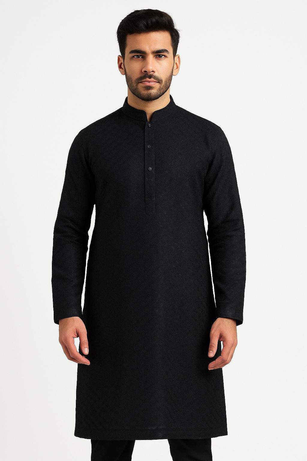 Cotton Men’s Kurta Fabric – Pagdi Design Embroidery (58” Width, Pastel Black)