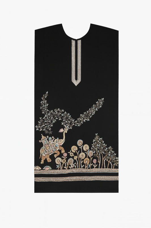 Designer black fabric with a unique, luxurious embroidered border. The detailed scene suggests a Festive Special or Evening Wear garment.
