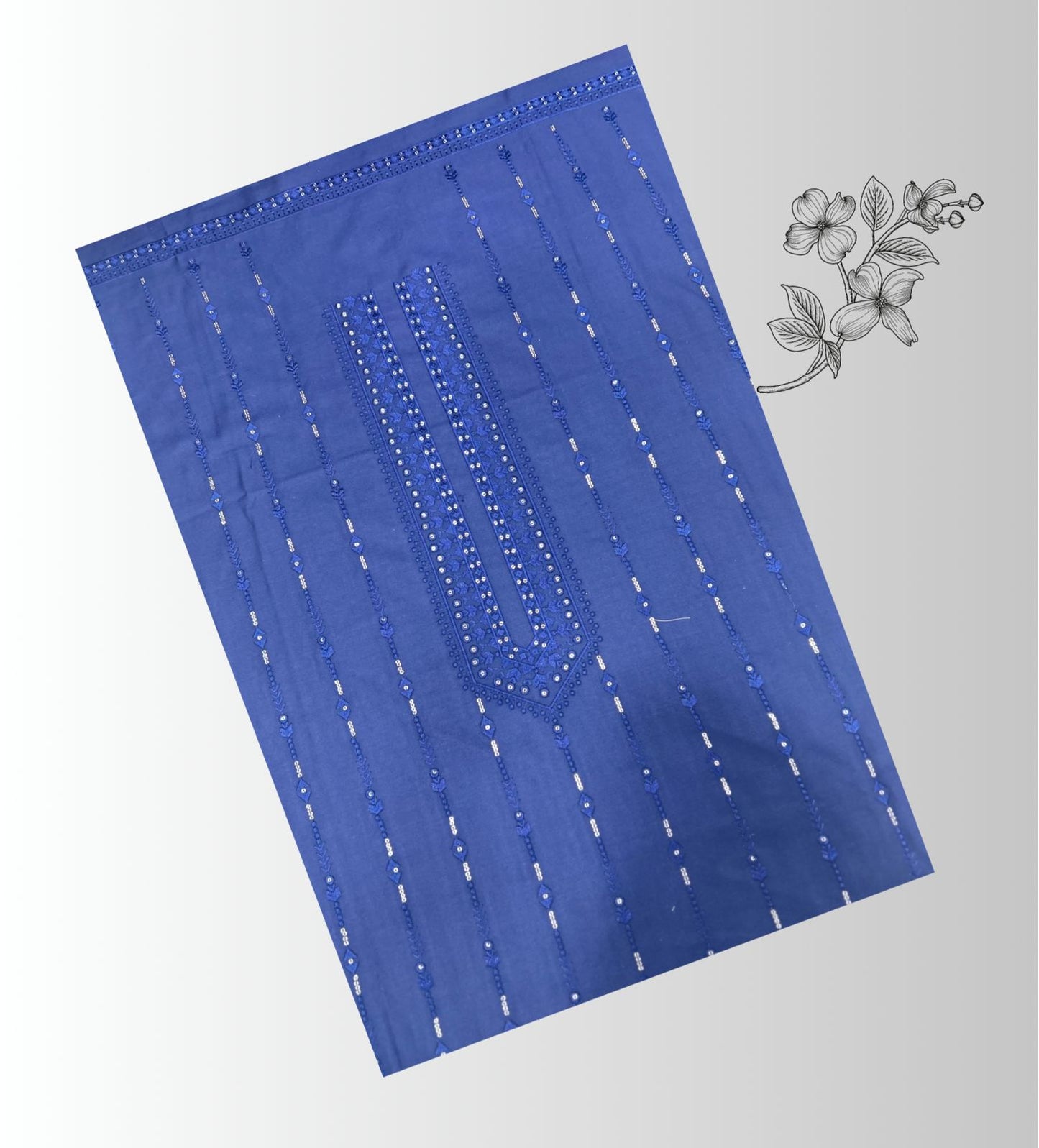 Royal blue embroidered unstitched men’s kurta fabric with free white pajama, ideal for festive and wedding wear.