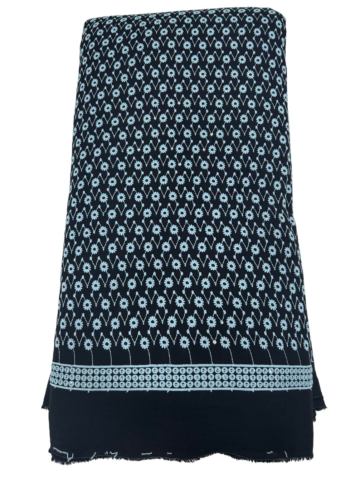 Contrast Embroidery Fabric – Black Base with Sky Blue & Sequins
