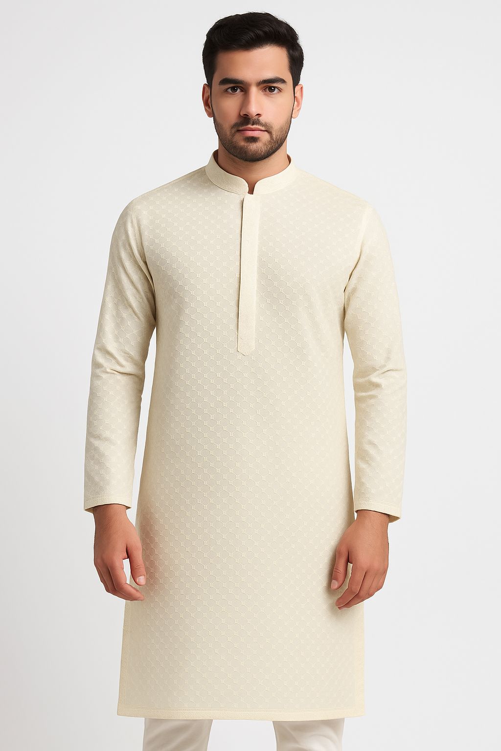 Cotton Men’s Kurta Fabric – Pagdi Design Embroidery (58” Width, Pastel   Cream )
