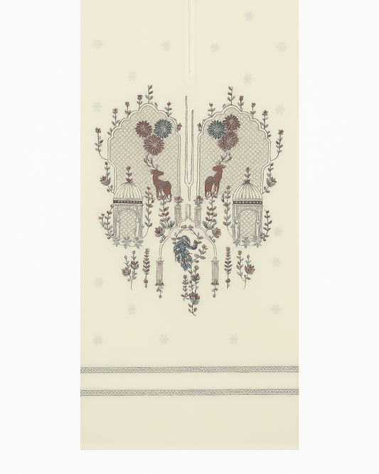 Off-white unstitched fabric with unique, detailed embroidery featuring deer, floral bunches, and stylized cage/lantern motifs.