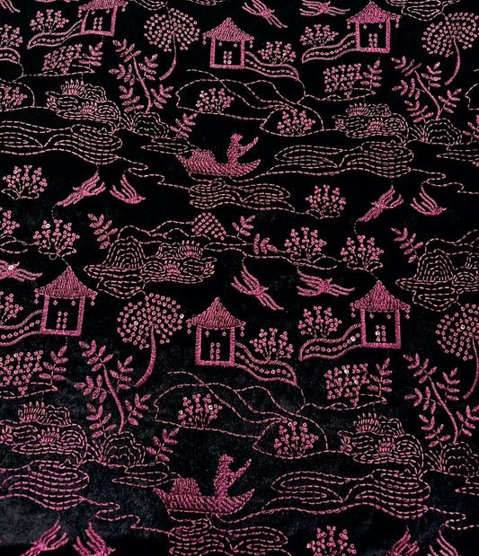 Trending Dark Pink Embroidered Velvet Fabric – Premium Winter Wear Material