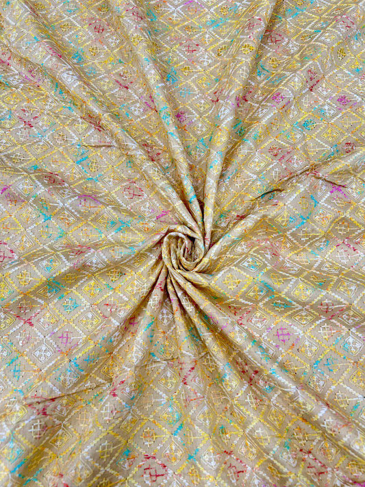 Beige digital print rayon viscose kurta fabric with embroidery and sequin work for festive menswear.

