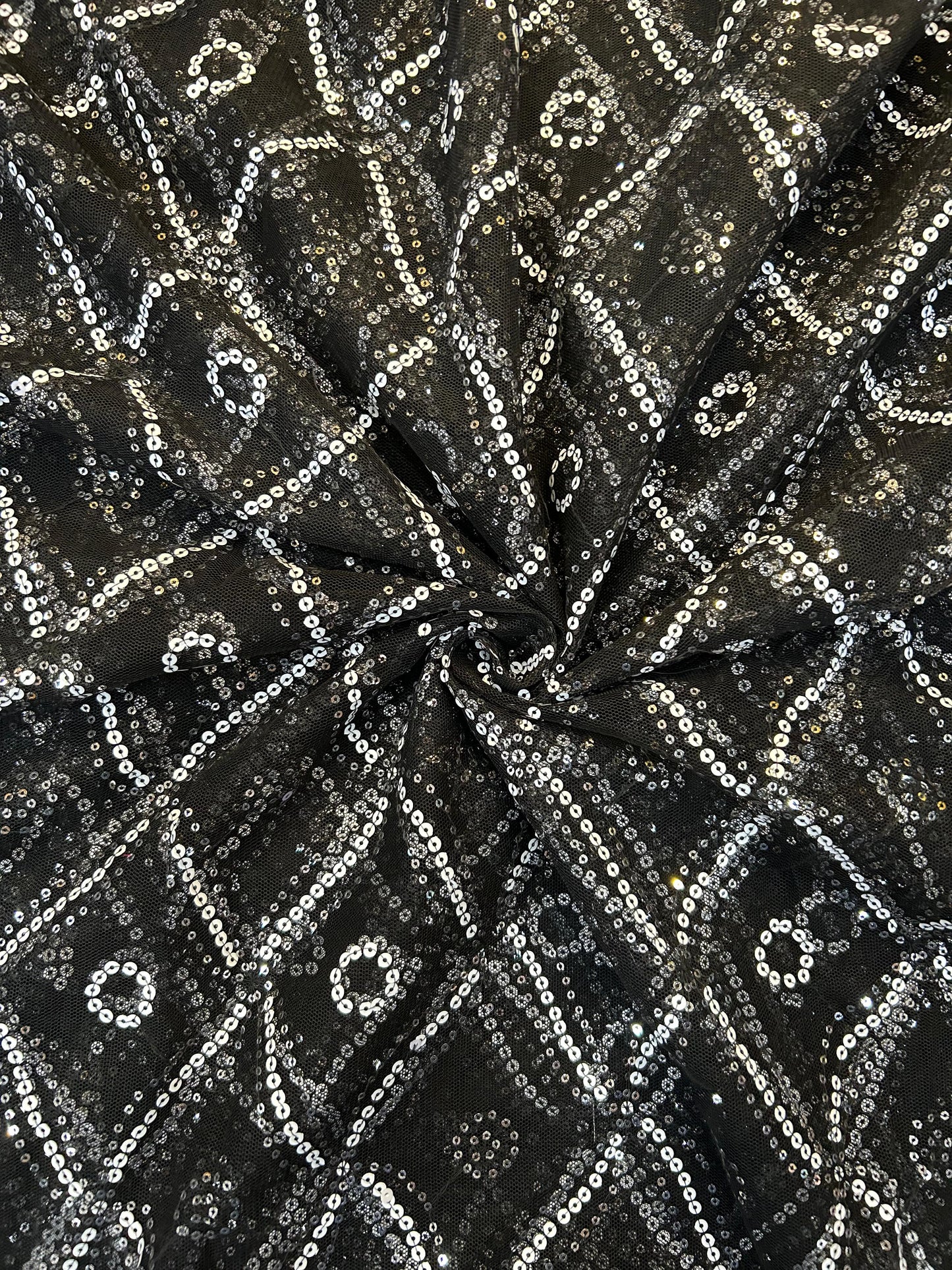 Black Net Fabric with White Sequin Embroidery | 42" Width | 36" Work