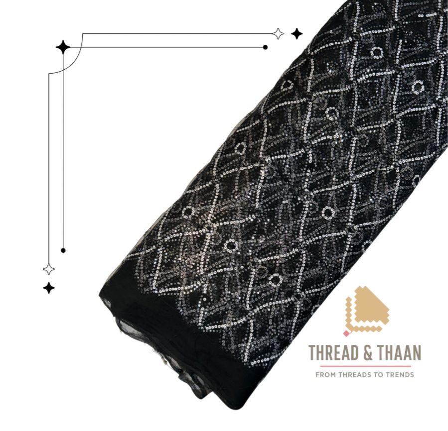 Black Net Fabric with White Sequin Embroidery | 42" Width | 36" Work