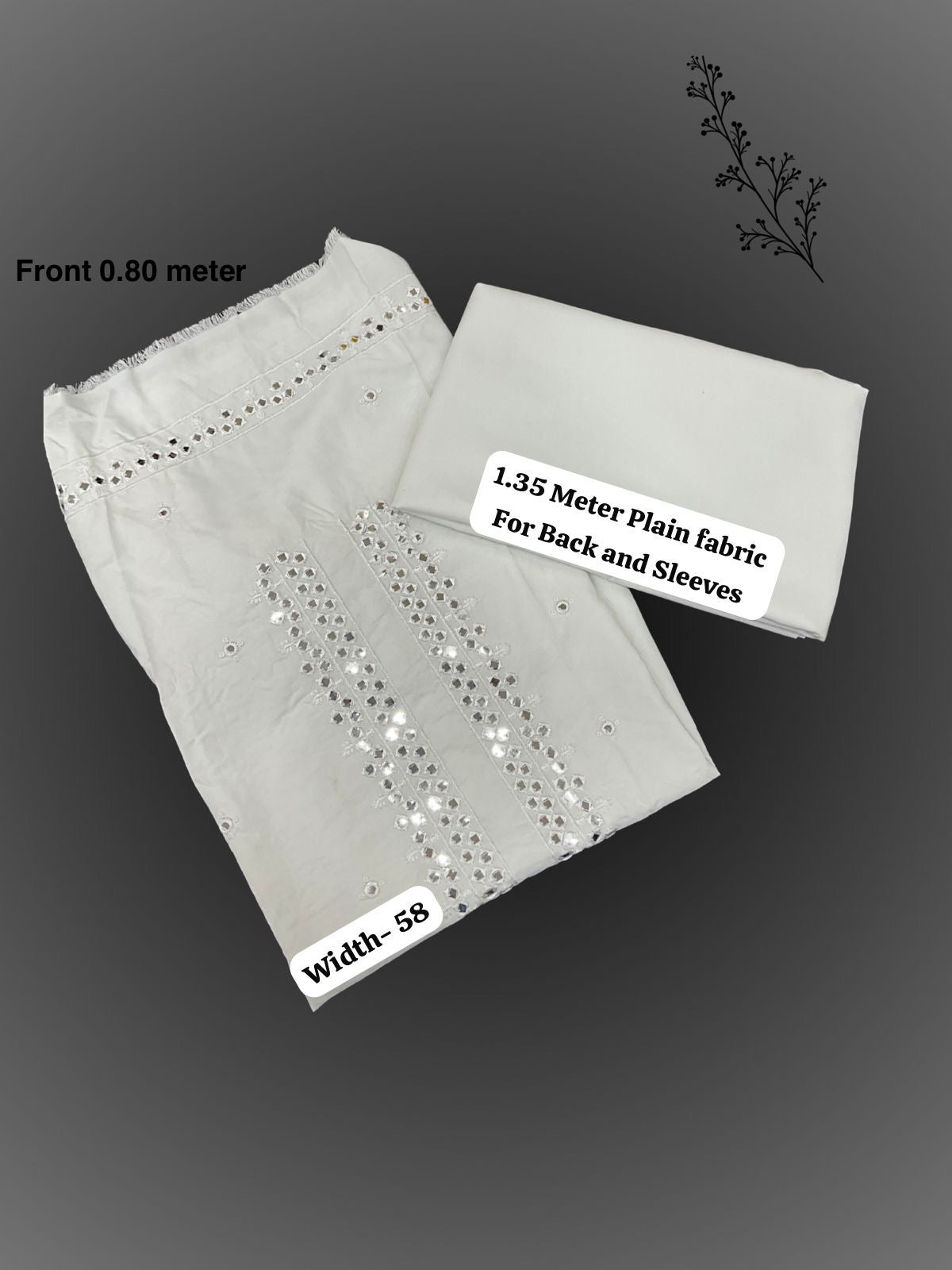 A beautiful piece of White unstitched kurta fabric with a dazzling silver mirror-work and sequin design running down the neckline. It's the perfect amount of sparkle for a special event!