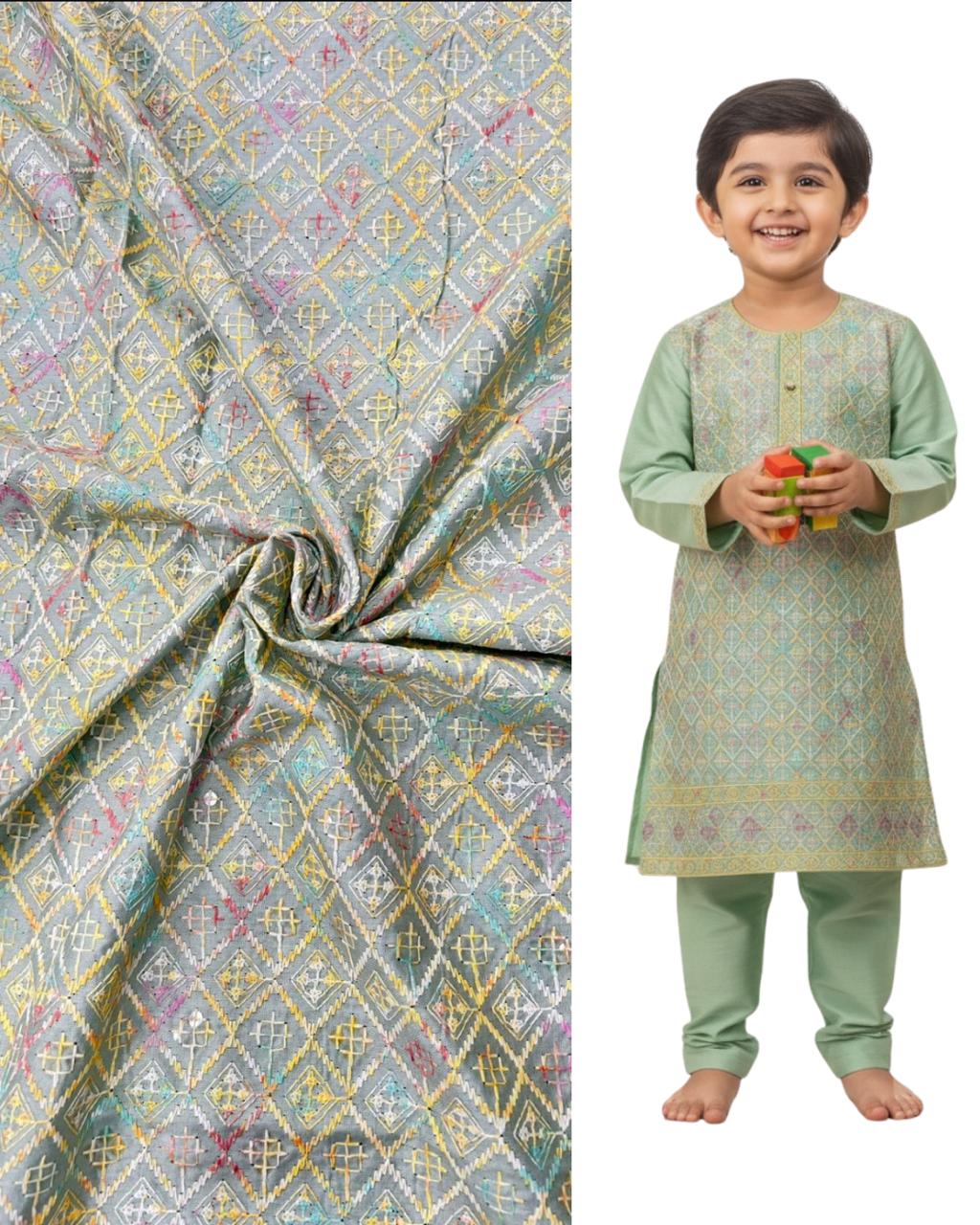 Kids kurta with matching multicolour geometric embroidered fabric swatch, ideal for festive occasions, weddings, and traditional ethnic wear