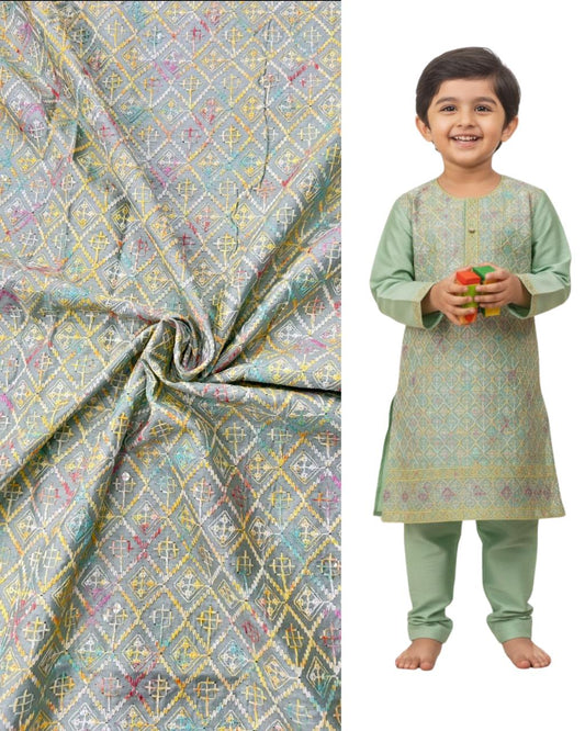 Kids kurta with matching multicolour geometric embroidered fabric swatch, ideal for festive occasions, weddings, and traditional ethnic wear