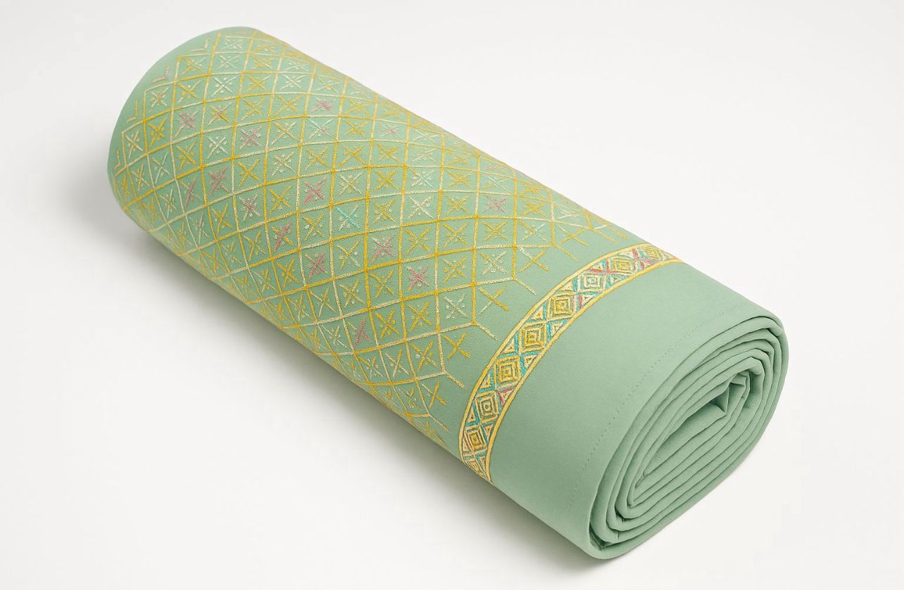 Designer geometric pattern fabric displayed with a child wearing the coordinated kurta, suitable for festive fashion, party wear, and cultural celebrations