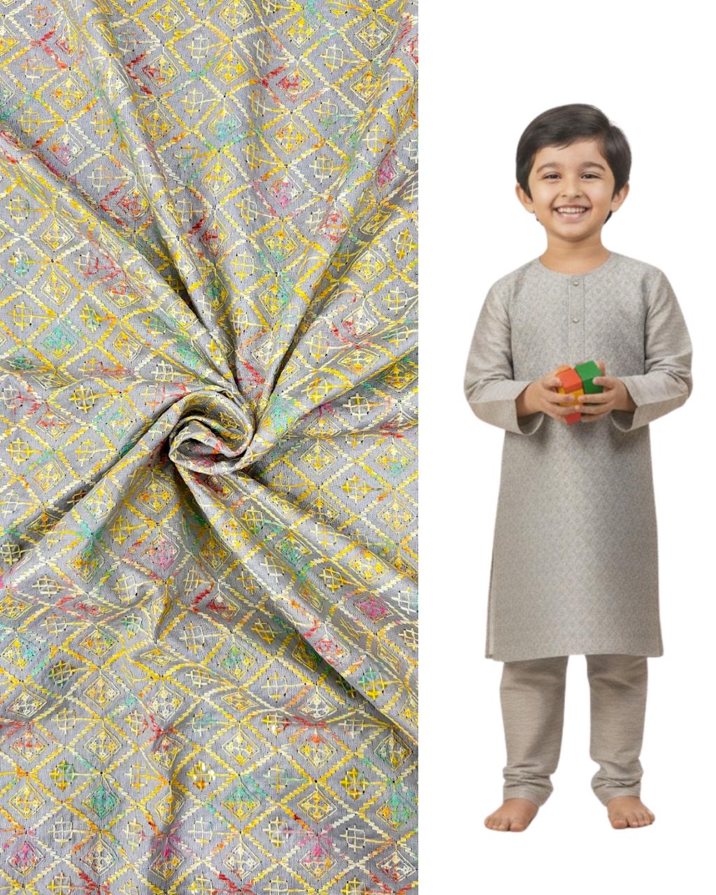 Festive kids kurta with matching multicolour geometric embroidered fabric swatch, ideal for weddings, celebrations, and traditional ethnic wear