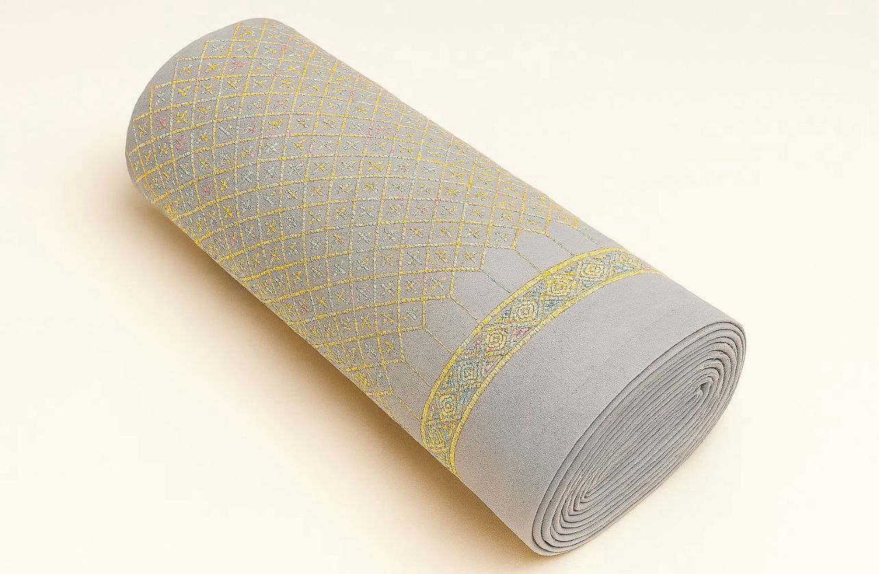 Designer geometric pattern fabric displayed with a child wearing the matching kurta, suitable for festive fashion, party wear, and cultural events