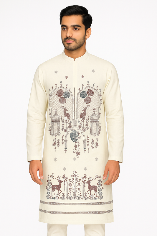 Unstitched Men’s Kurta Fabric – Embroidered Front Panel & Back