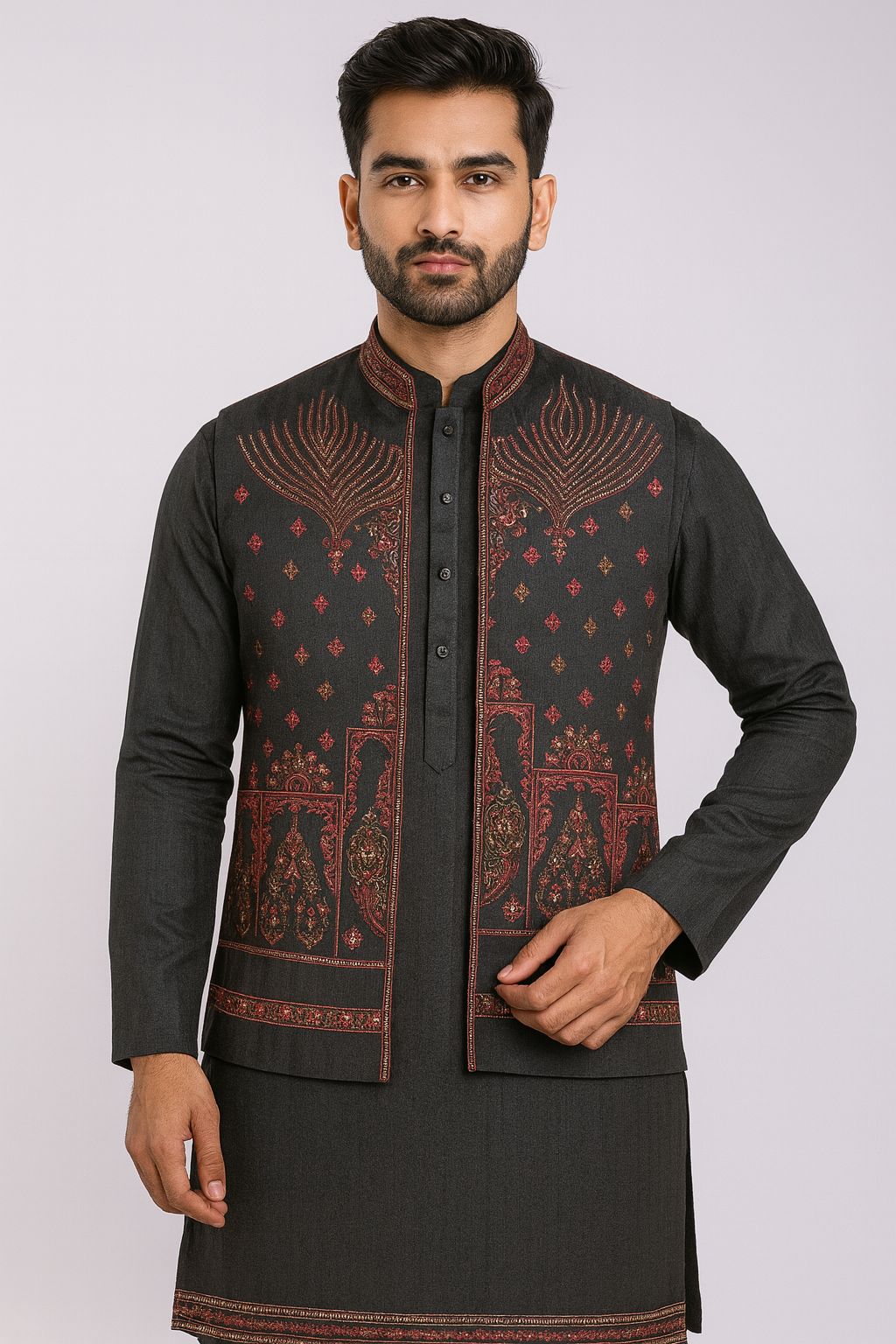 Premium Unstitched Kurta Koti Pajama (Set of 3) | Black with Embroidered Koti Design