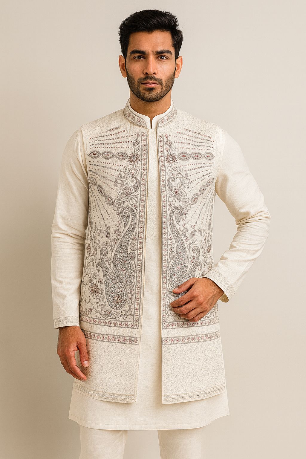 Full-length front view of a male model wearing an elegant black velvet Bandhgala jacket (or Jodhpuri suit). The jacket features intricate, multicolor traditional Indian embroidery depicting detailed elephants, peacocks, and floral motifs. Styled with a white shirt and black trousers, this is a luxurious choice for wedding guest attire and formal ethnic celebrations.