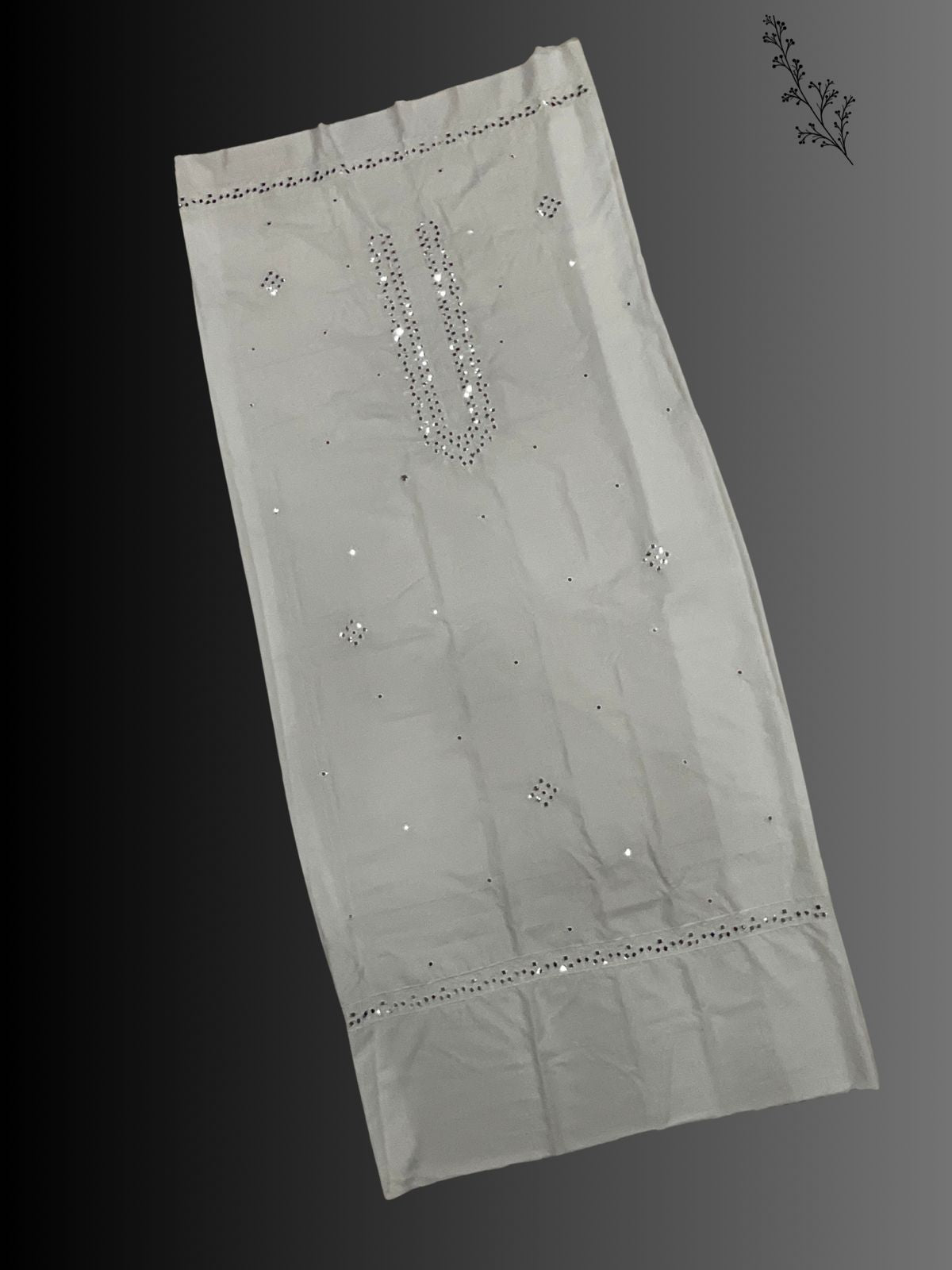 "Discover our elegant white unstitched kurta fabric, beautifully adorned with sparkling silver beads and decorative pearl-like embellishments along the neckline. This premium men's festive wear textile features subtle beaded accents at the bottom hem, making it perfect for a stylish white kurta pajama set for weddings, Diwali, Eid, or any special celebration!"