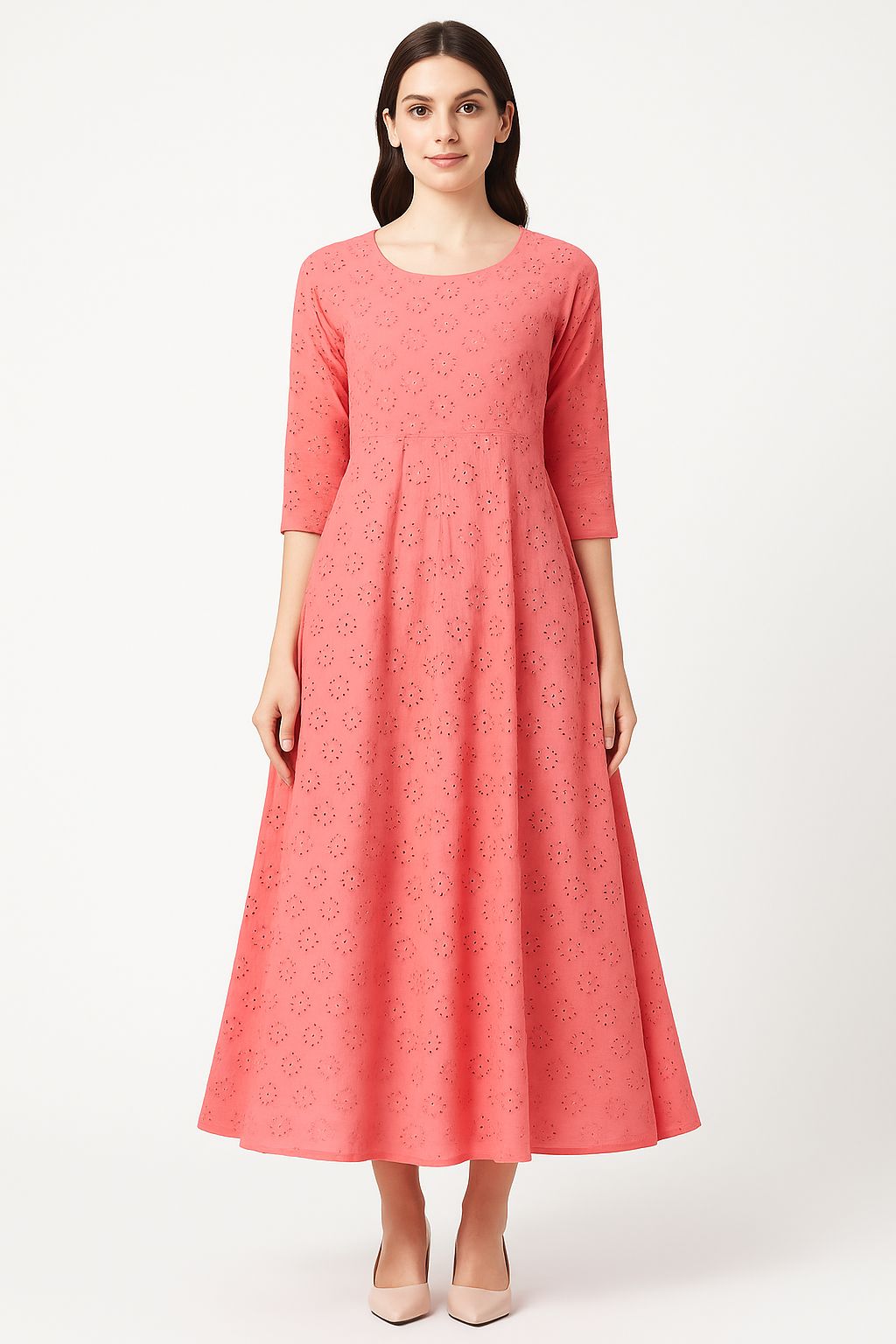 Peach Hakuba Cotton Embroidered Fabric